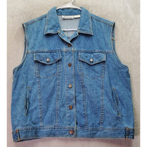 Lerner Vest Womens Medium‎ Blue Denim 100% Cotton Pockets Collared Button Front